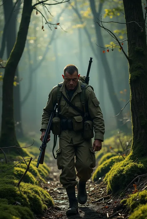 a wounded soldier, that he is walking with his gun in his hand, In a forest, after a battle