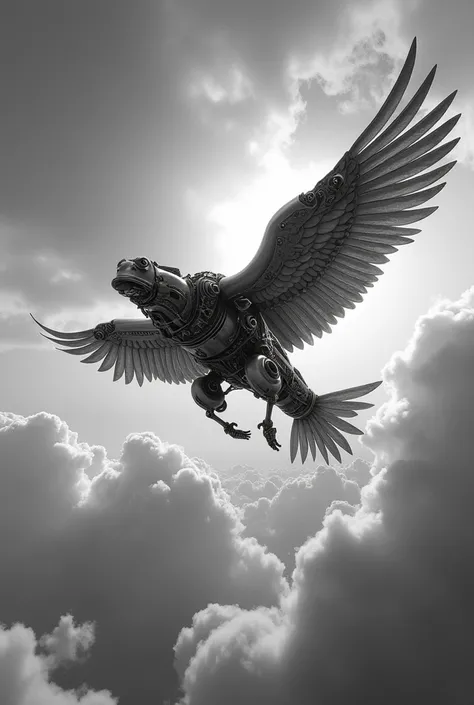 Mechanical icarus soaring in black and white