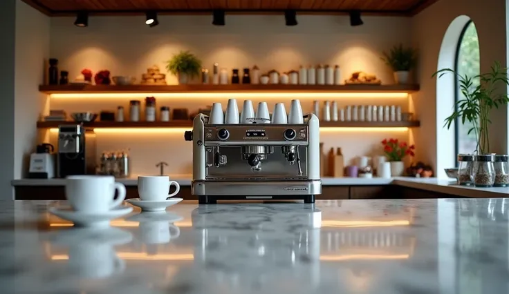 A direct view of a cafe counter where coffee is typically prepared, with a coffee machine, cups, and other equipment visible. The counter is designed in a modern, minimalist style with clean lines and a well-organized layout. There is no barista or person ...