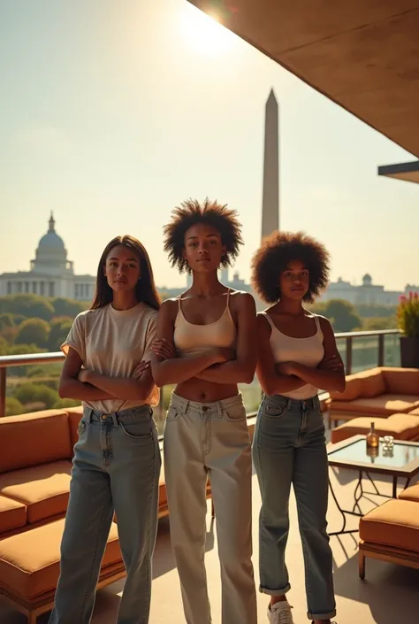 black girl and her white best friends, arms crossed, she is the leader, setting is a large luxury patio, tan furniture, natural lighting, view of Washington DC, futuristic, holograms, detailed, hd, wearing hollister