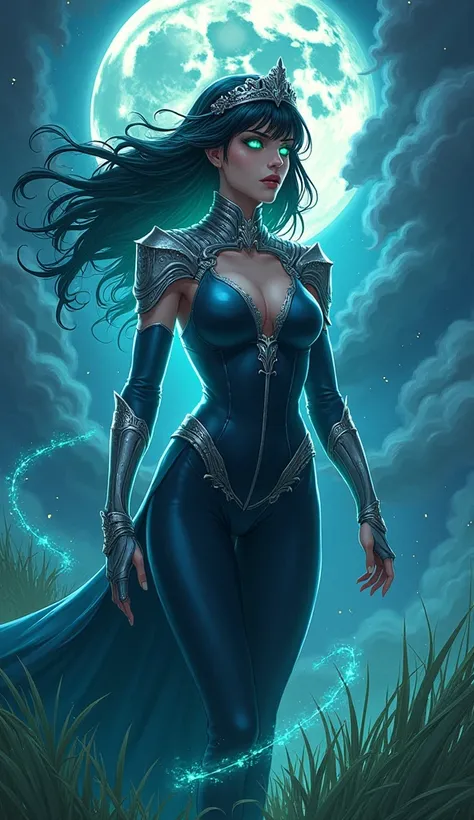 A beautiful goddess of the night similar to Psylocke descends from the heavens to stand on the green grass and the light of the full moon shines behind her, she wears a sensual dress with blue armor and a silver crown. Her eyes glow with green light and he...