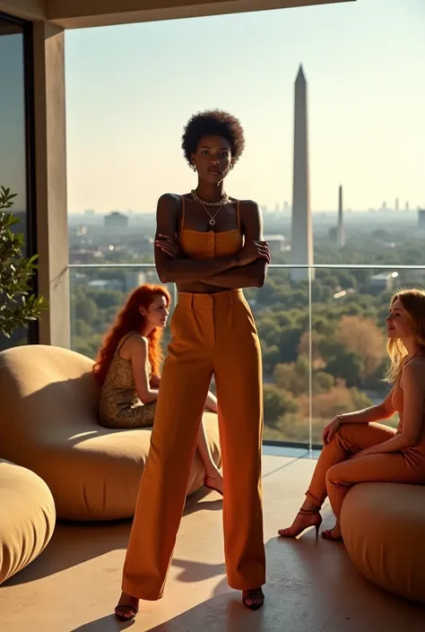 black girl and her white best friends, arms crossed, she is the leader, setting is a large luxury patio, tan furniture, natural lighting, view of Washington DC, futuristic, detailed, hd, wearing gucci