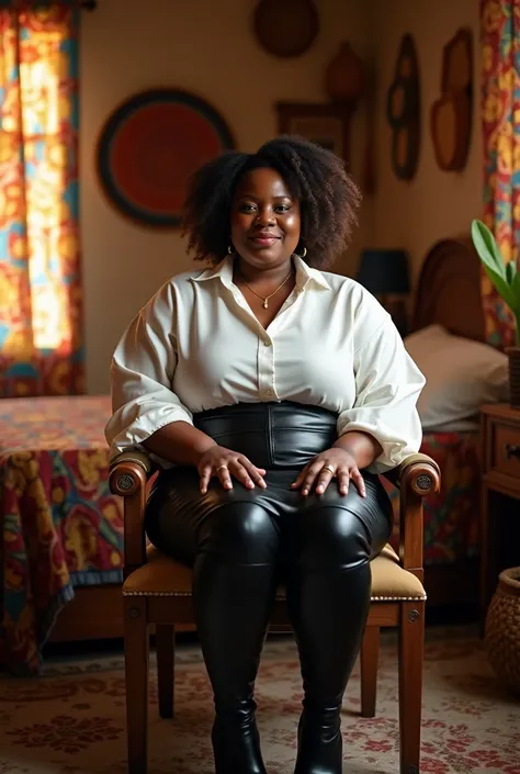 Vieille femme africaine obèse qui porte une chemise blanche en satin, une jupe en cuir noir et des cuissardes dans sa chambre sur une chaise.