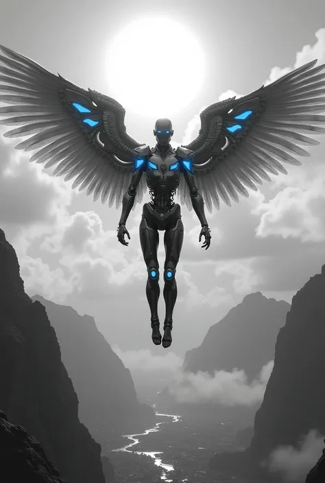 Humanoid Mechanical icarus soaring in black and white