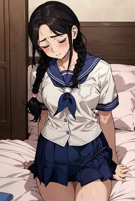 Japanese female junior high school student, 13 years old, long hair in braids, cute school uniform, unbuttoned sailor suit, skirt rolled up wide, sleeping on a bed in the nurse&#39;s office, menstrual pain, fever, sweaty forehead, flushed cheeks, sweat run...