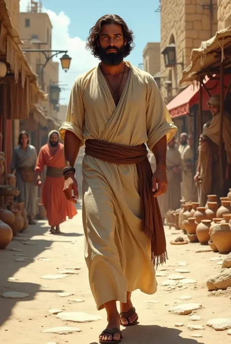 a man with typical Jewish features, white with light brown eyes in the Jewish style, straight nose, Shoulder-length hair and dark brown beard dressed in a bone-colored tunic, ,Leather sandals and a cloak walks through a 1st century Jewish village