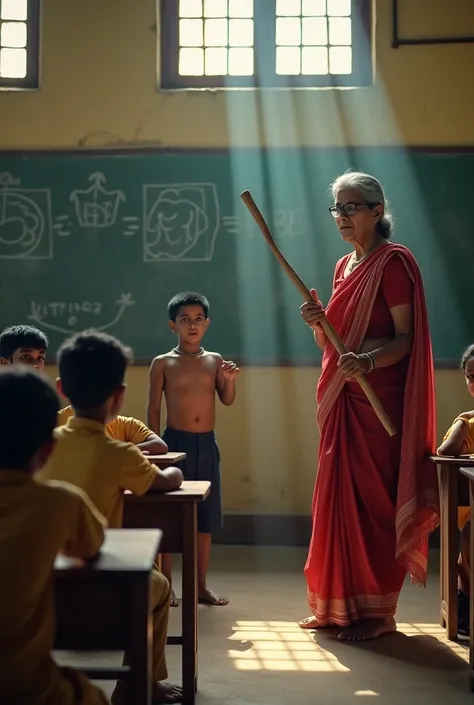 A 60 years aged Indian school teacher is punishing a 12 years aged Indian student with stick infront of 30 students. students are sat on the floor.