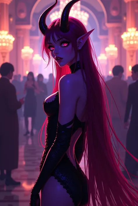 ((High quality)) ((vibrant colors)) 1guy, 20 years old, In a masquerade ball a femboy, male feminine incubus stands, purple skin tone, black sclera, long heterochromatic hair, red and purple hair, long pointy ears, curved black and red horns, purple devil ...