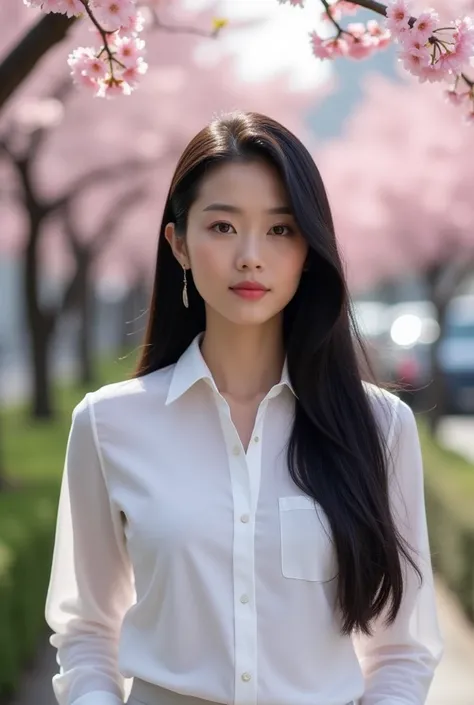 A Japanese woman with long black hair and wearing a white shirt. Her breasts are visible.