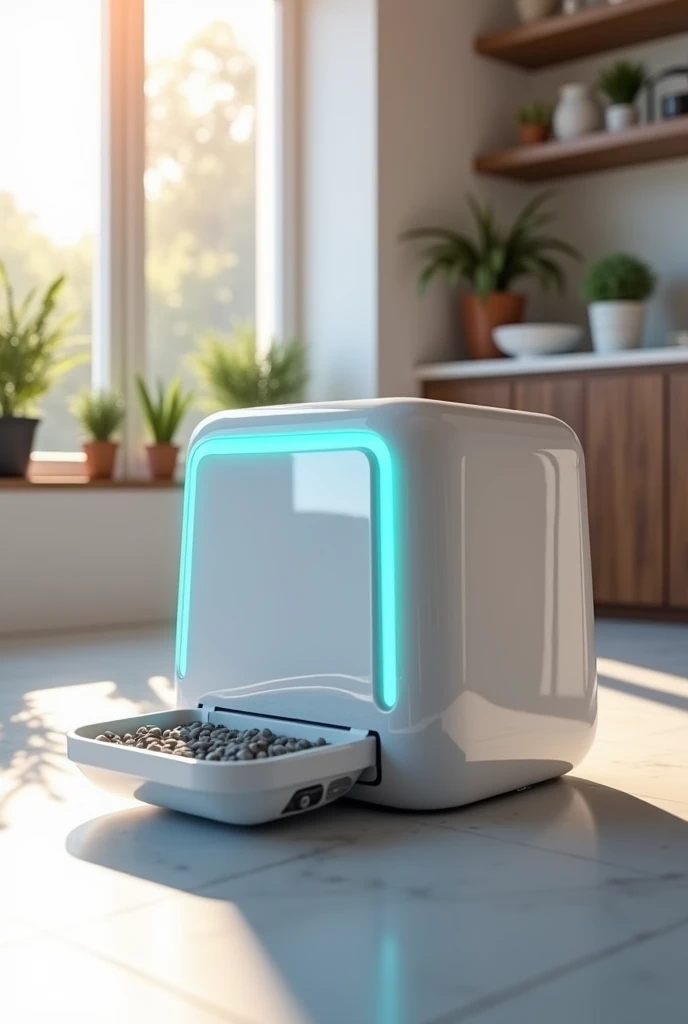 A pet feeder and robot with the ability to collect animal waste in one machine.