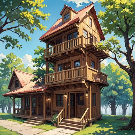 2 houses,  A lovely little tree house high up in an oak tree, with wooden walls and a red tile roof. . It will have a small terrace around it, with vines climbing up the columns and a 2-story cabin on one side connected to the tree house by a rope and wood...