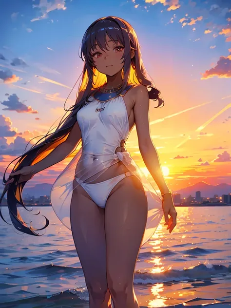 Skyline, sunset, Silhouette against a cloud background, meditation. Watching the beautiful sunset, sunset時に, sunset時, sunsetとともに, In the sunset, Nice views, Sunset view, With the sunset, sunset時に, During Golden Hour,Wearing a white swimsuit