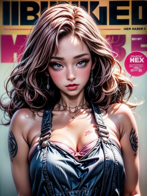 ((masterpiece)), ((Highest quality)), (detailed), (), Slanted Eyes, Medium Wavy Hair, Her hair color is pink., photograph, (beautiful detailed face), (detailed eyes), (Embarrassing,blush:1.2), (Underneath the overalls is deep pink underwear.), (((Magazine ...