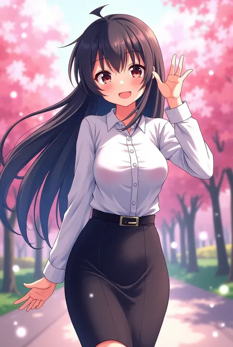 A Japanese anime-style drawing of a girl with long black hair, wearing a white shirt and a black skirt and an anime face、big boobs