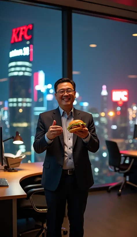 Chinese working man holding a KFC hamburger，Smiling at the camera，Office scene at night，There is a clear KFC sign outside the floor-to-ceiling glass window