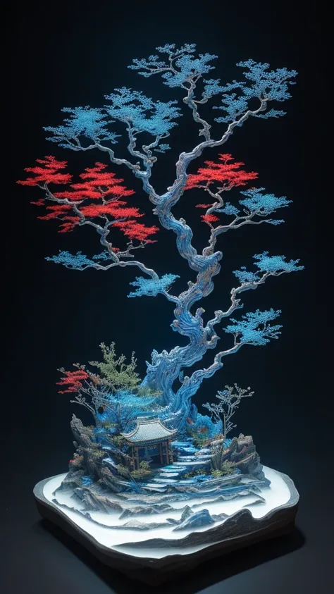 best quality, Practical, photoPractical, Extremely detailed, Rich colors，blue，粉red，red，blue，Golden，money
((Miniature Landscape)),(Chinese Architecture)，Divine Tree，透光
highly detailed carving on "Southern Iceland" porcelain,
Ultra wide angle,Accent Lighting...