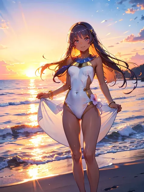 nice views, sunset view, with the sunset, at sunset, during golden hour,wearing a white swimsuit