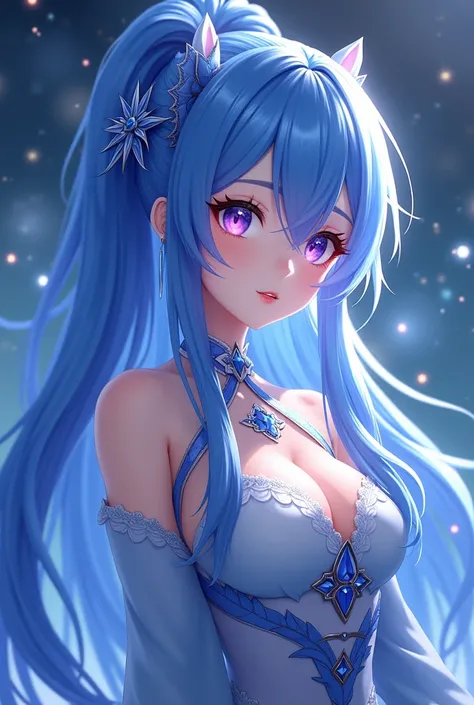 Anime girl with blue hair and purple eyes poses for photos, Hestia, Ayaka Genshin Impact, blue scales cover the chest, Artgerm is extremely detailed, Knight Portrait of the Zodiac Girl, tsuaii, Zerochan Art, by Kamagurka, Blue. hair details, Artgerm on Art...