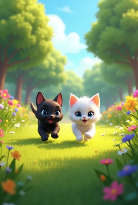 Animation run small white cat & small black dog