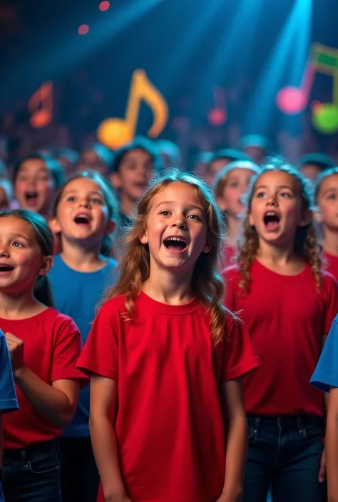 cheerful children in red and blue t-shirts sing in chorus. a large choir on stage