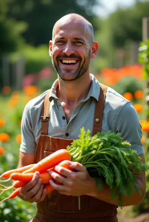 Bald man with a carrots in hand
