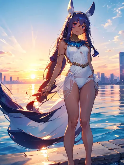 Wearing a white swimsuit, Skyline, sunset, 