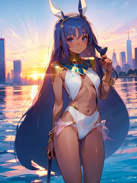 wearing a white swimsuit, skyline, sunset,