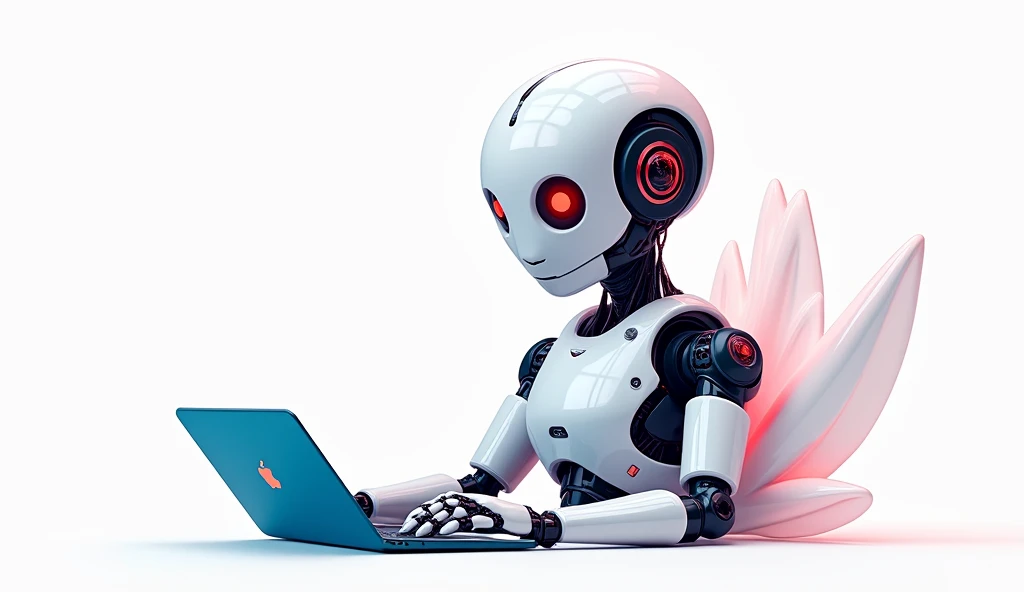 An artificial intelligence，Using a notebook，Design game characters，White background，Red and blue color scheme