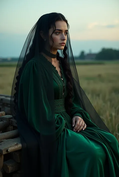 A beautiful Targaryen Women with round face with purple eyes, shes wearing a royal green velvet gown with a black net shawl on head that covering her face and head, Shes sad and sitting on a wagon 