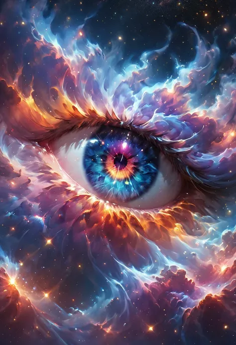 a close up anime comic picture of a dynamic color dragon eye, you see the night sky and endless stars, nebula, in the irises, so...