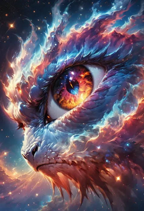 a close up anime comic picture of a dynamic color dragon eye, you see the night sky and endless stars, nebula, in the irises, some smoke and fire from the dragon, , high details, best quality, 16k, [ultra detailed], masterpiece, best quality, (extremely de...