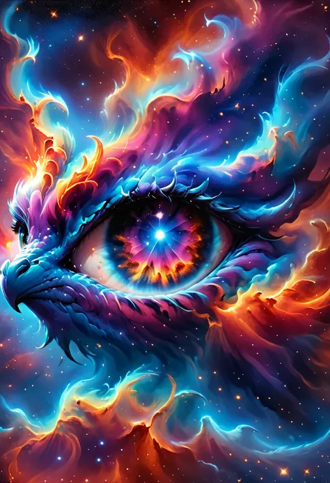 a close up anime comic picture of a dynamic color dragon eye, you see the night sky and endless stars, nebula, in the irises, so...