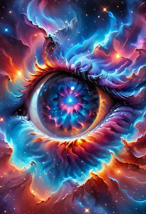 a close up anime comic picture of a dynamic color dragon eye, you see the night sky and endless stars, nebula, in the irises, so...