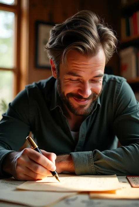 A 36 years man is looking towards his pen and smiling by remembering his flashback.
He has glasses, style hairstyle, beard, moustache.