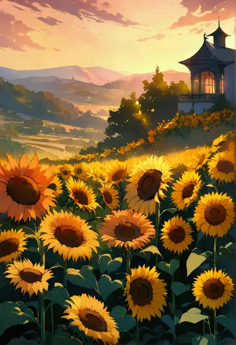 "Generate a preliminary sketch for a landscape painting that combines the colors of Monet, the opulent atmosphere of Klimt, and the delicate style of Kyosuke Chinai. The theme is summer sunflowers. The scene should portray sunflowers in focus with a backdr...