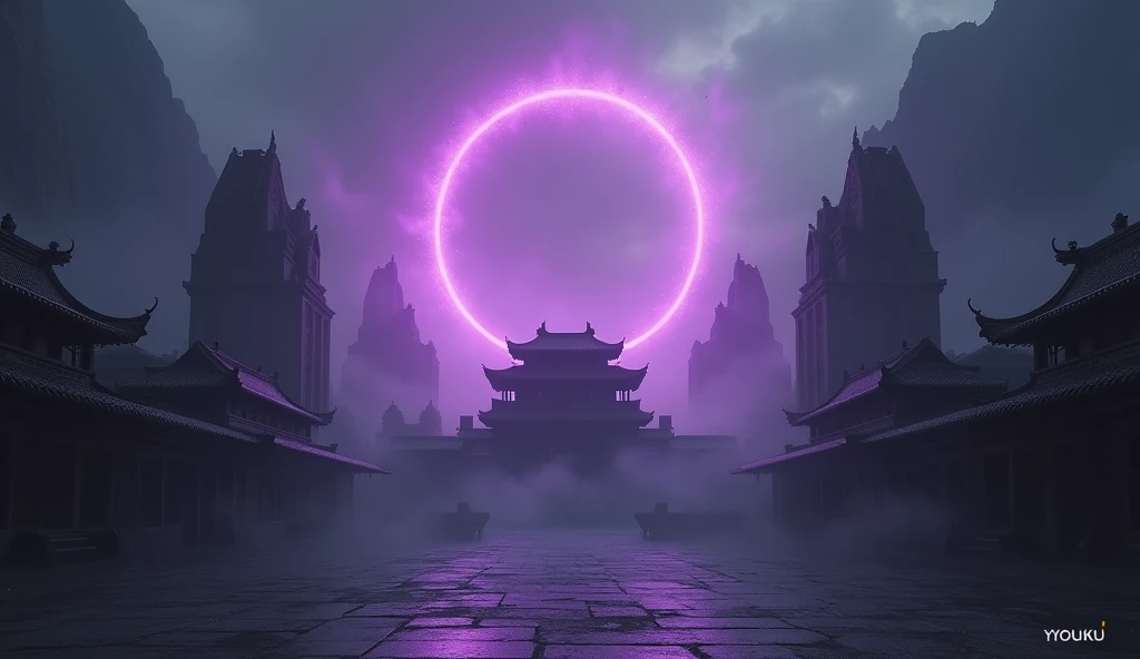 The image depicts a dark and ominous fantasy scene with an ancient, mystical setting. At the center of the image is a large, traditional Chinese-style palace or temple, surrounded by an eerie, otherworldly landscape. The architecture is detailed, with mult...