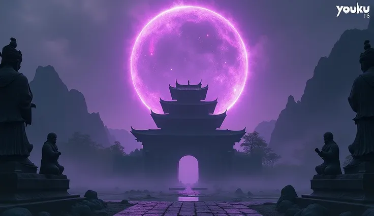 The image depicts a dark and ominous fantasy scene with an ancient, mystical setting. At the center of the image is a large, traditional Chinese-style palace or temple, surrounded by an eerie, otherworldly landscape. The architecture is detailed, with mult...