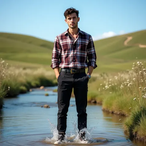 A white man, at 33 years old, model type, with short dark hair, with blue eyes, wearing a plaid shirt buttoned up, black pants with belt,  tennis, in a river in Alentejo