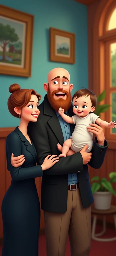 family of 3 people, an adult couple and an 8-month-old baby. The father is in the center, he is the tallest, big and strong, bald and has a big Viking-style beard, with light brown eyes and a big smile. The father is holding the 8-month-old baby in his lef...