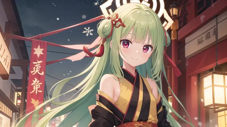 ((masterpiece)),(best quality),Official Art,Extremely detailed CG,Unity 8K wallpaper,Very detailed,Beautiful and delicate eyes,Extremely detailed face,1 girl,solitary,,(whole body:1.5),(small:1.3),Smile,,Murasame,Very long hair,Green Hair,Face Up,Purple bo...