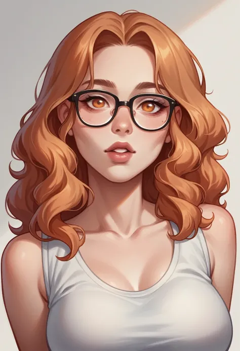 A breathtaking and vibrant painting of a 3D cartoon character depicting a young woman with large expressive eyes and exaggerated facial features. Erotic looks over his glasses. Her wavy amber hair is styled in two tousled buns, with a few loose strands fra...