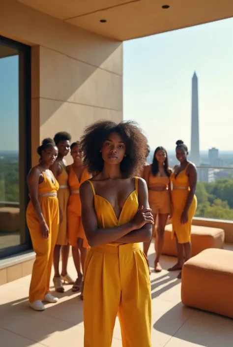 black girl and her white best friends, arms crossed, she is the leader, setting is a large luxury patio, tan furniture, natural lighting, view of Washington DC, futuristic, detailed, hd, wearing Stella mccartney