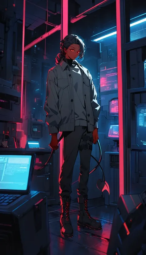 (detailed), (((normal guy))), (Arabic characteristics), ((gray wool jacket)), ((black fur rizado Ponytail hairstyle)), ((Ponytail hairstyle)), (calm face), ((by the width)), ((coffee boots)), (((whole body))), ((in a cyberpunk room)), ((male)), (gray turtl...