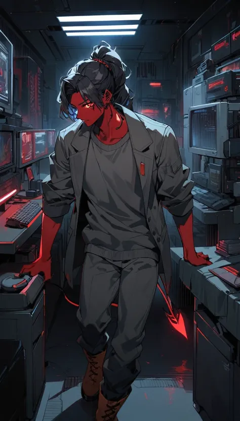 (detailed), (((normal guy))), (Arabic characteristics), ((gray wool jacket)), ((black fur rizado Ponytail hairstyle)), ((Ponytail hairstyle)), (calm face), ((by the width)), ((coffee boots)), (((whole body))), ((in a cyberpunk room)), ((male)), (gray turtl...