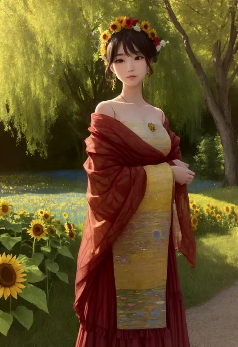 "Generate a preliminary sketch for a landscape painting that combines the colors of Monet, the opulent atmosphere of Klimt, and the delicate style of Kyosuke Chinai. The theme is summer sunflowers. The scene should portray sunflowers in focus with a backdr...