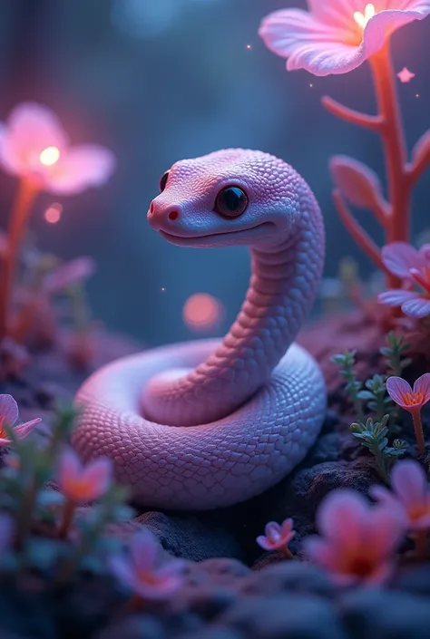 best quality、high resolution、Detailed background、Every detail is beautiful、Anatomically correct、A cute little snake with a hypnotic gaze, Luminescence, Fantastic, Obsessed, magic, Fantasy art concept,