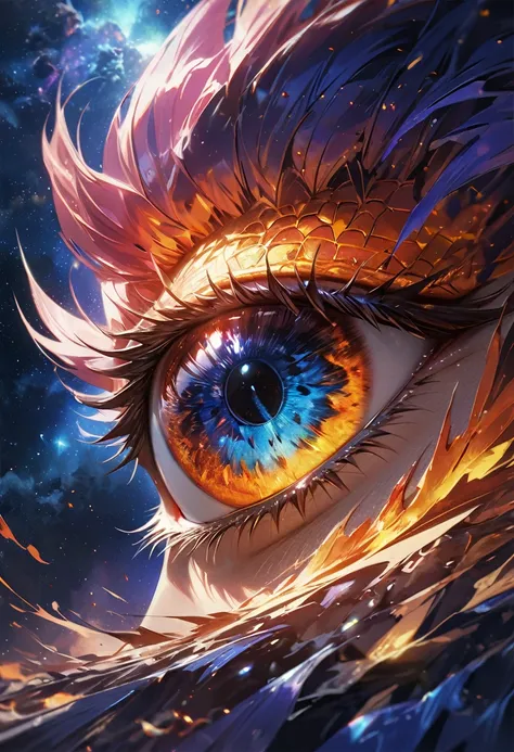 a close up anime comic picture of a dynamic color dragon eye, you see the night sky and endless stars, nebula, in the irises, so...