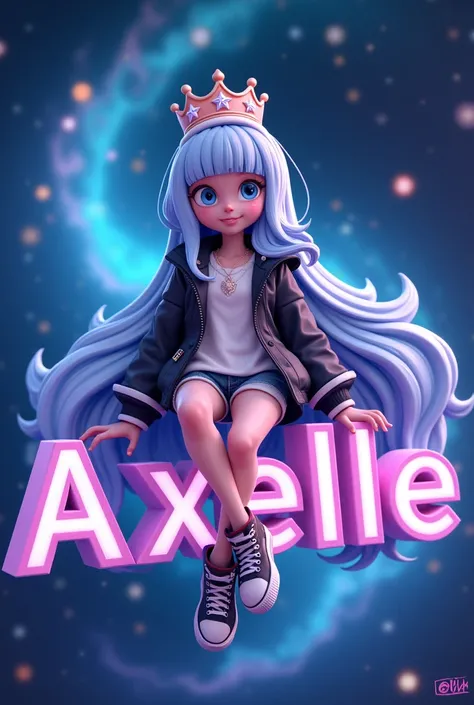 "Create a 3D illustration of an animated long hair girl sitting casually on top of the Text "AXELLE" with crown. The character must wear a black and white Jacket. The background of the character is blue Galaxy