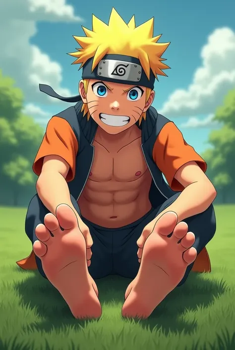 Realistic style animated image in HD of Naruto Uzumaki barefoot showing the soles of his feet from below close to the camera Sitting on the grass smiling with his shirt off Realistic details of the soles of his feet 2 realistic feet 5 toes on each foot Sho...