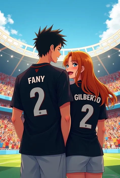 High quality photographs, with the names on his black football shirt, with the number 2 below the names, Fany as a man and Gilberto as a woman, as a couple in love, with anime cartoons The girl is facing forward and the boy is facing away, in a football st...